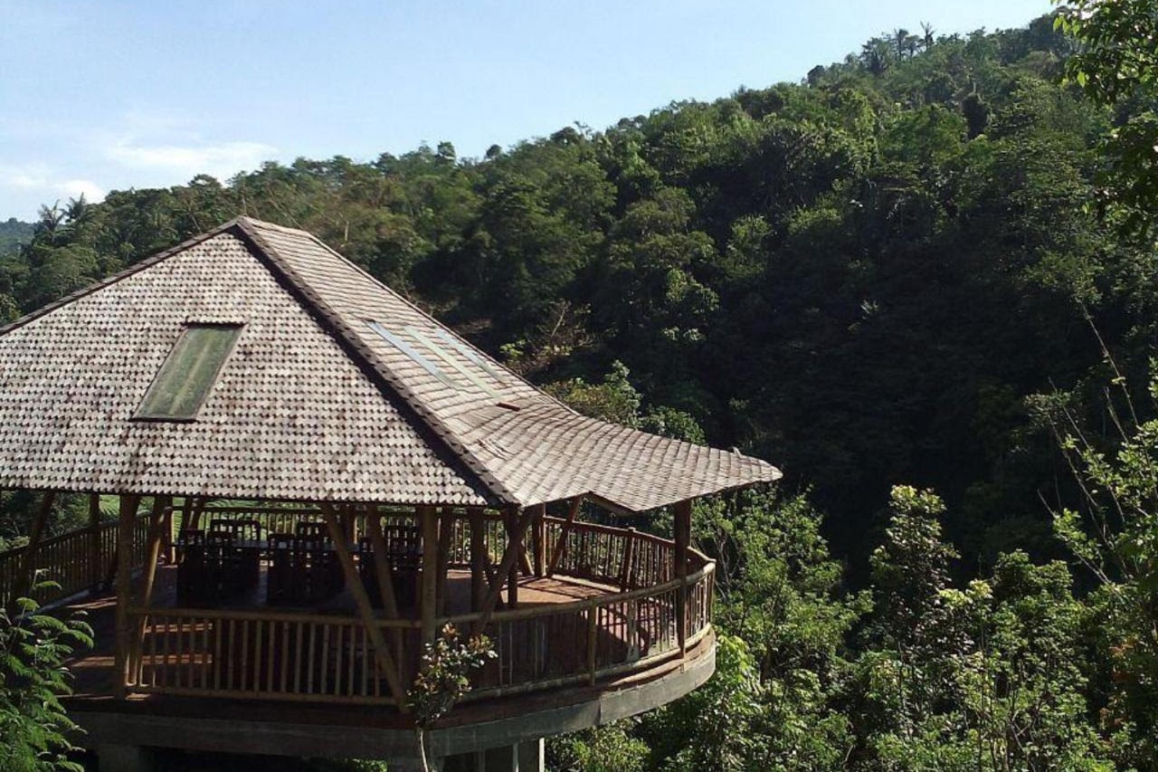 Photo of yoga building, overlooking forest